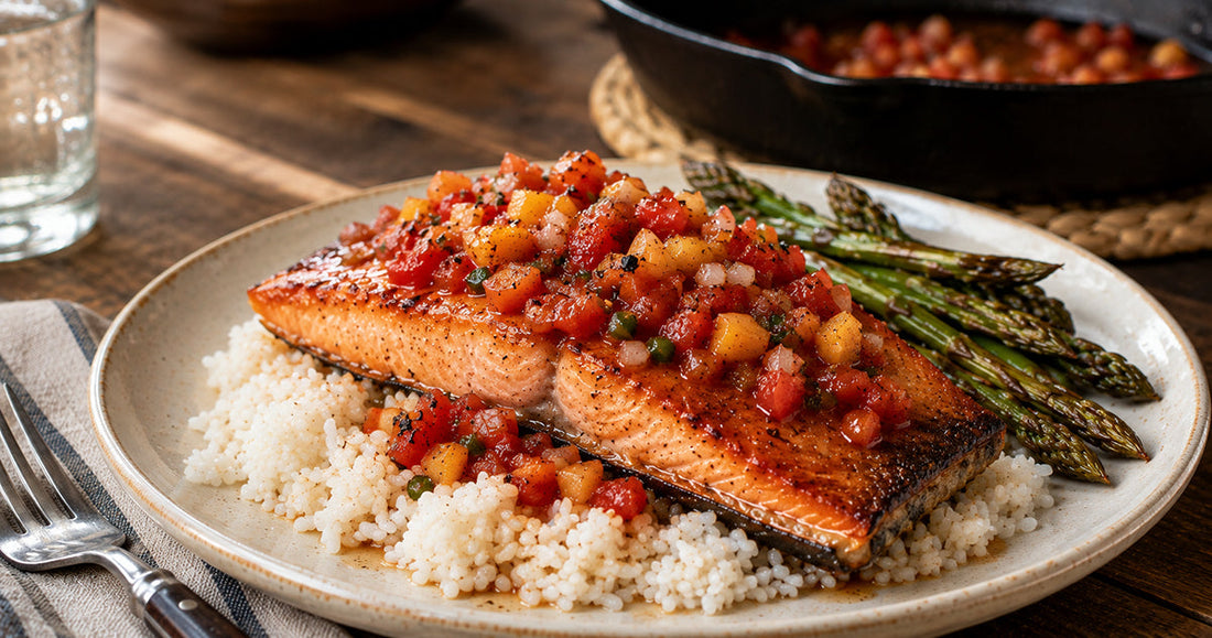 Crispy Skin Salmon with Peach Salsa Glaze